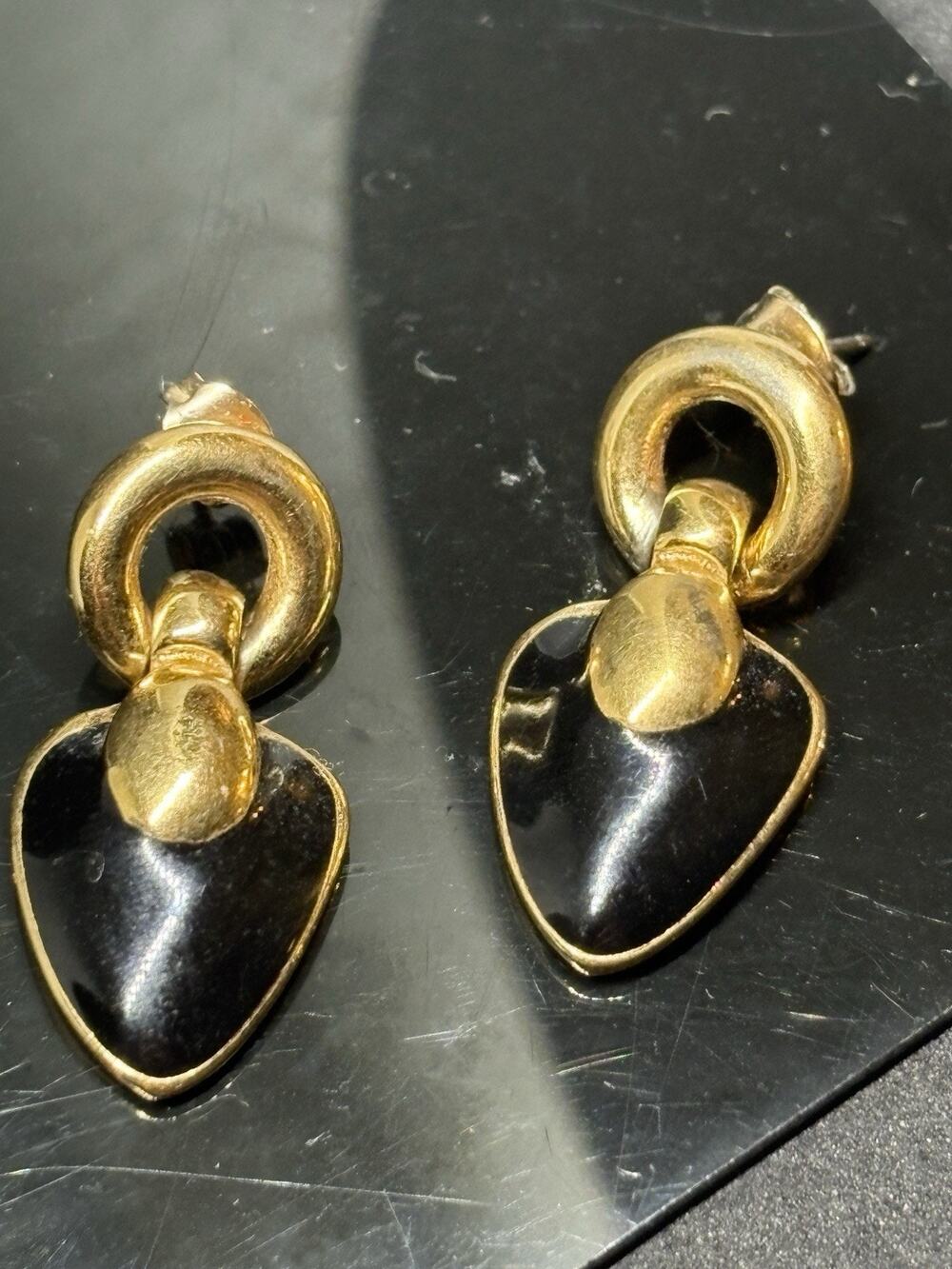 Vintage GIVENCHY Black Enamel & Gold Teardrop Pierced Earrings 1980s Signed